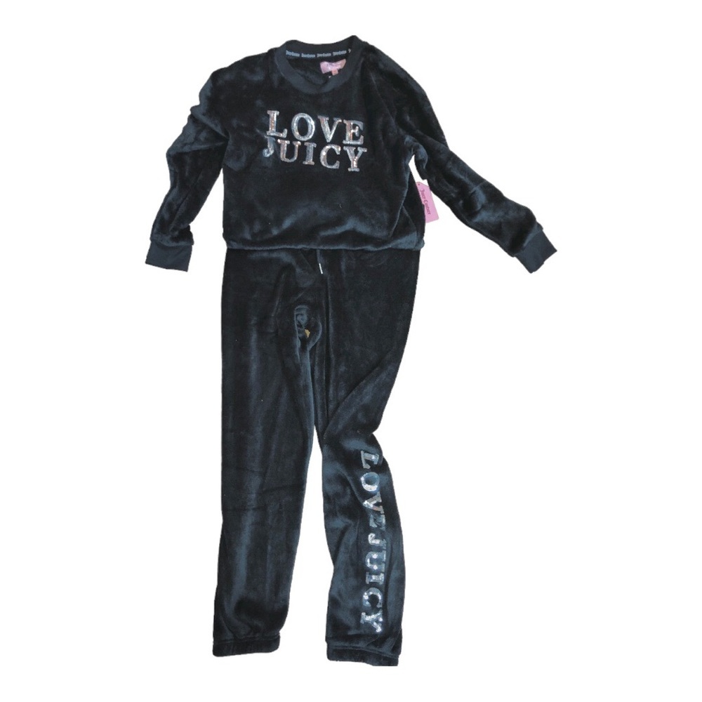 Juicy Couture Love Juicy cozy black velour bedazzle loungewear pantsuit‎ set